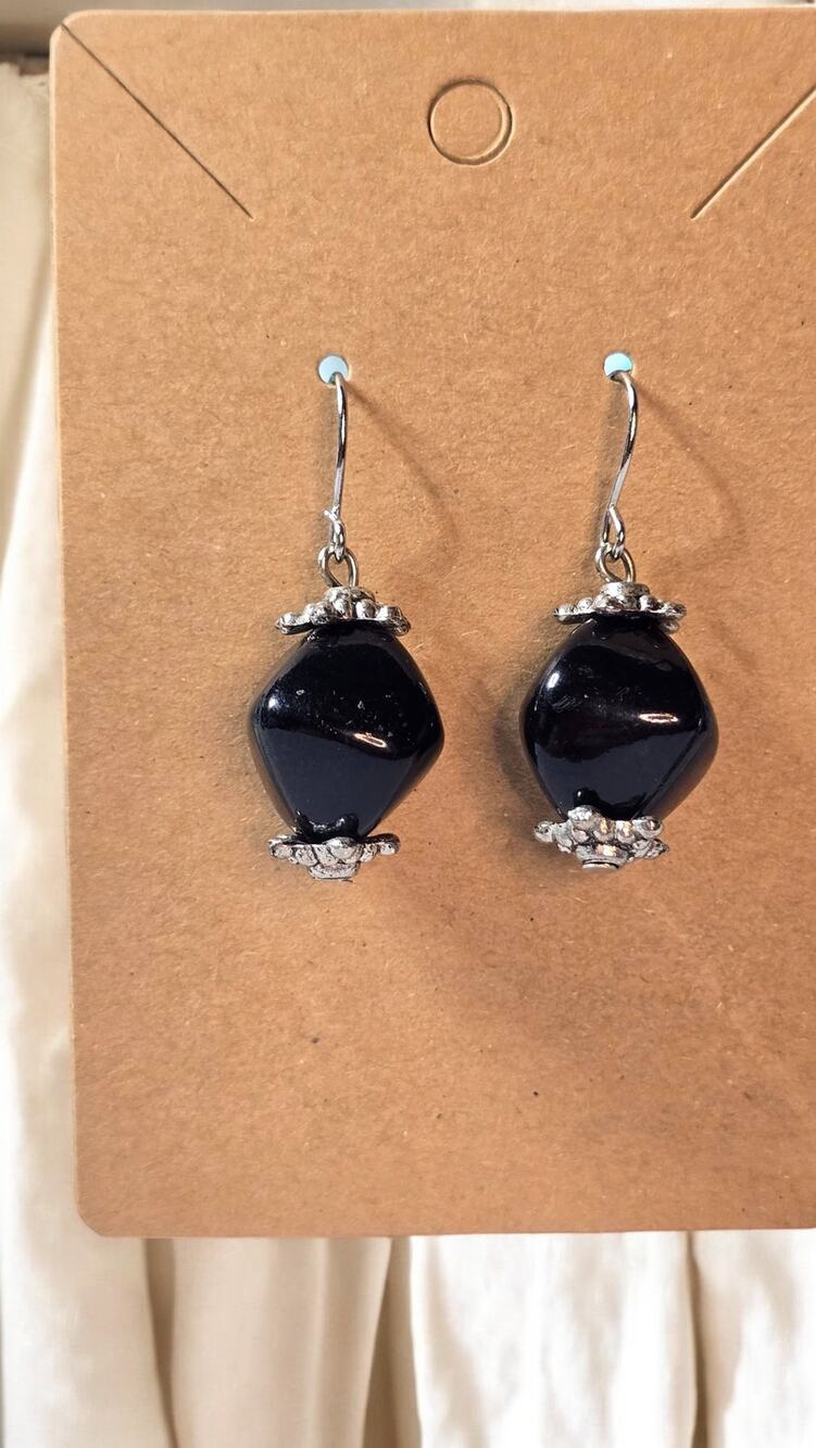Black Glass Drop Earrings Silver Tone Dangle Vintage Minimalist Dark Glam
